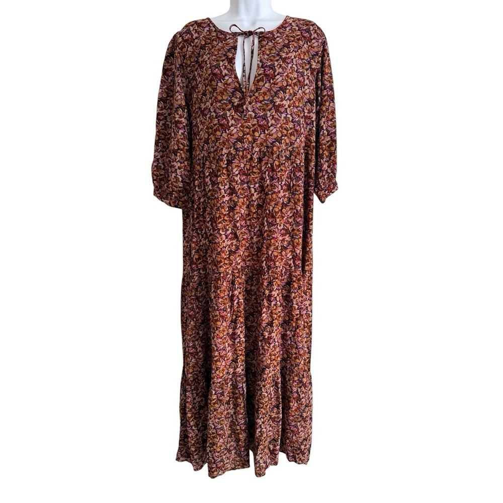 Natural Life Maxi Dress M Keyhol Brown Floral Tiered 3/4 Sleeve Boho Cottagecore - Picture 2 of 11
